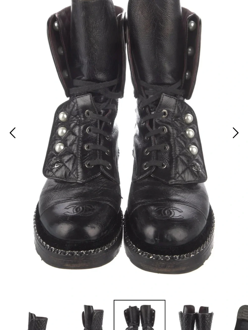 CHANEL Black Quilted Pearl-Trim Combat Boot